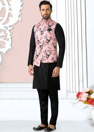 Black Readymade Kurta Churidaar Set With Jacket