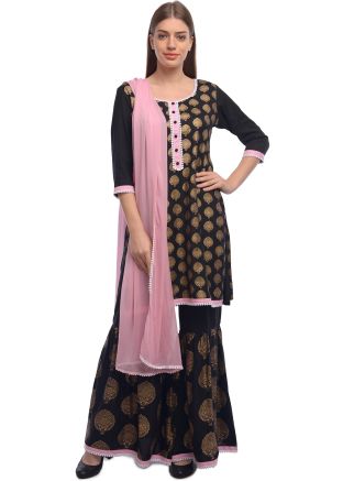 Black Foil Printed Readymade Gharara Suit