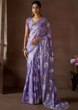 Purple Foil Print Satin Silk Saree
