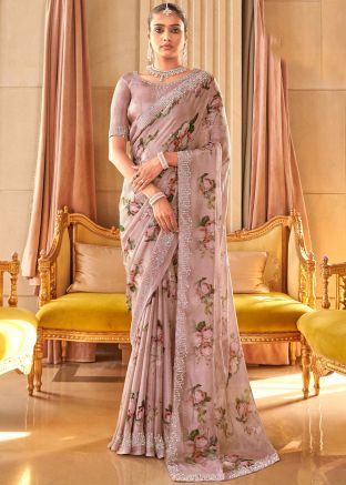 Mauve Purple Floral Print Saree In Viscose