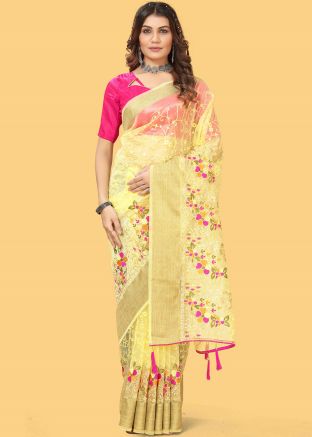 Yellow Organza Embroidered Saree
