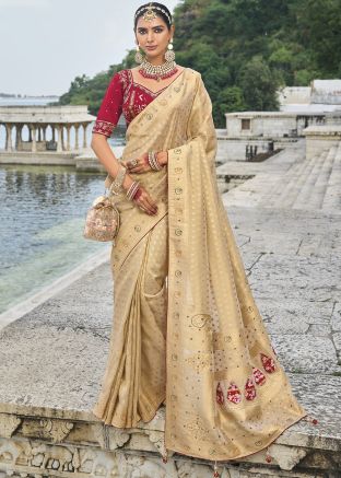 Beige Embroidered Saree In Kanjivaram Silk