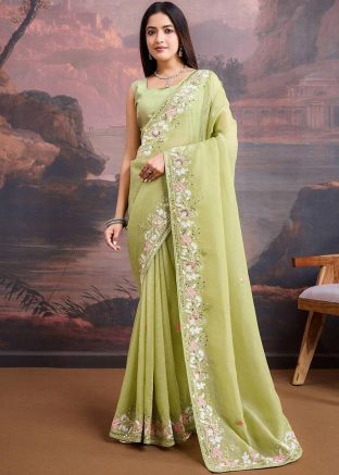 Green Sequins Embroidered Saree In Organza