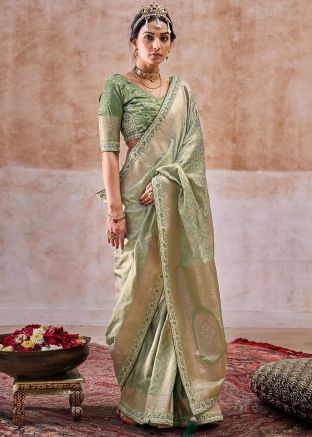 Green Satin Silk Saree In Bandhej Print