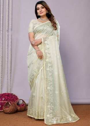 Light Green Thread Embroidered Silk Saree