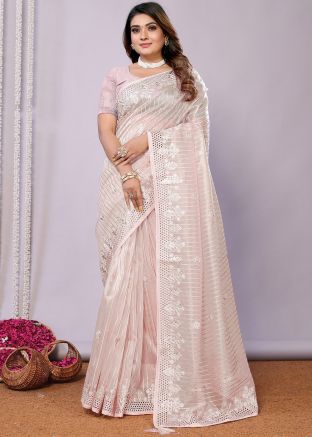 Pink Silk Saree In Thread Embroidery