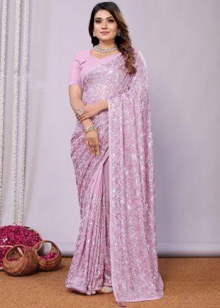Pink Sequins Embellished Georgette Saree