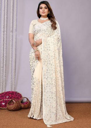 White Sequins Work Georgette Saree