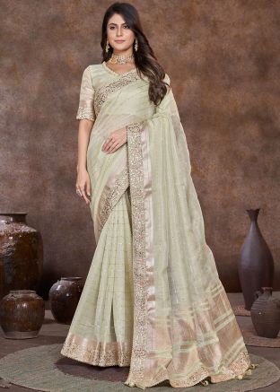 Light Green Embroidered Saree In Organza