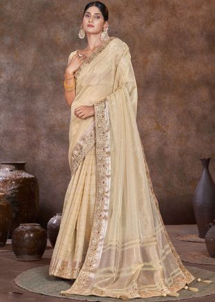 Cream Thread Embroidered Organza Saree