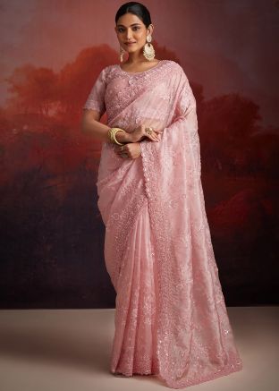 Pink Thread Embroidered Saree In Organza