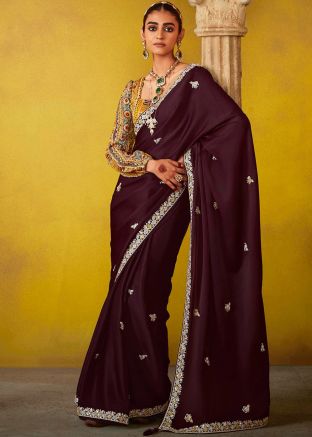 Brown Embroidered Saree In Silk