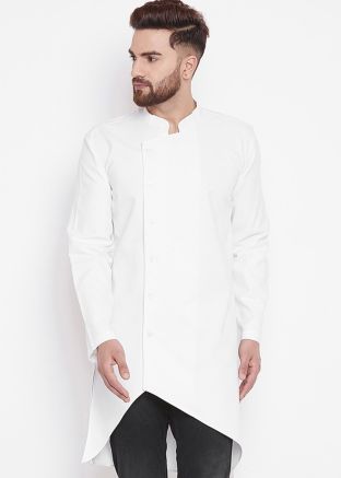 White Cotton Asymmetric Buttoned Up Kurta