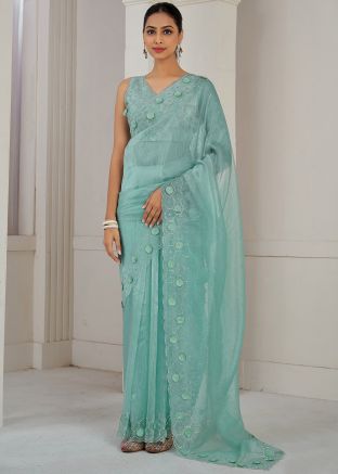 Blue Organza Saree In Stone Work