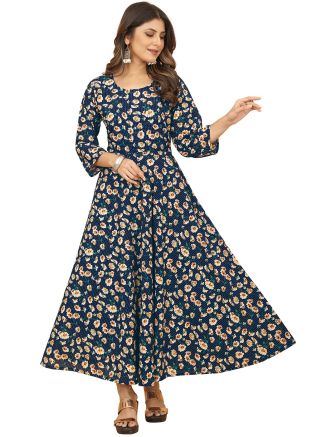 Navy Blue Floral Printed Long Dress In Georgette