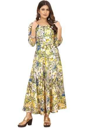 Grey Floral Printed Georgette Long Dress