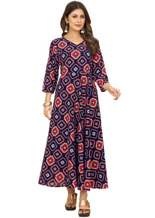 Navy Blue Geometric Georgette Long Dress