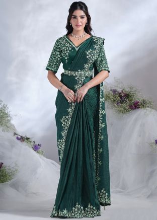 Green Embroidered Saree In Satin