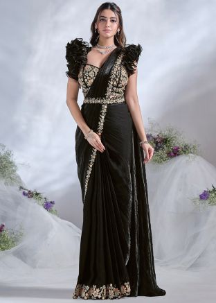 Black Sequin Embroidered Saree In Satin