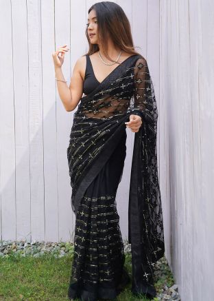 Black Embroidered Saree In Net