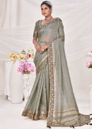 Grey Embroidered Saree In Linen