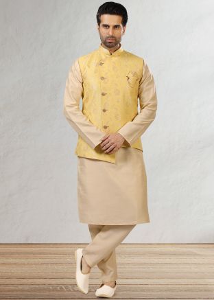 Readymade Beige Kurta Pajama With Yellow Jacket