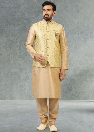 Beige Readymade Kurta Pyjama With Jacket In Silk