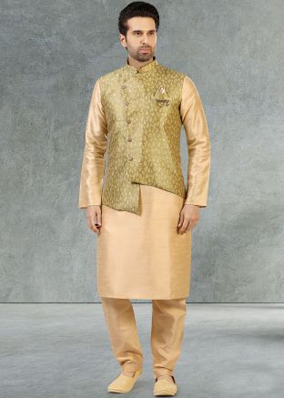 Beige Readymade Silk Kurta Pyjama With Green Jacket