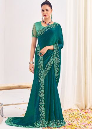 Teal Blue Embroidered Border Saree In Silk
