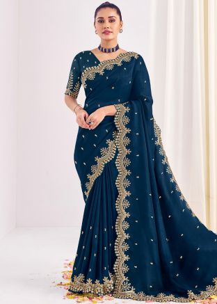 Blue Silk Embroidered Saree With Blouse
