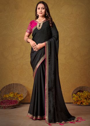 Black Zari Embroidered Art Silk Saree