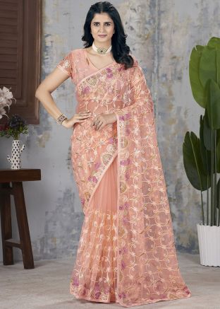 Light Orange Embroidered Net Saree With Blouse