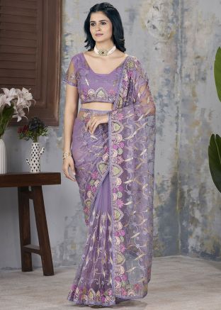 Purple Embroidered Net Saree & Blouse
