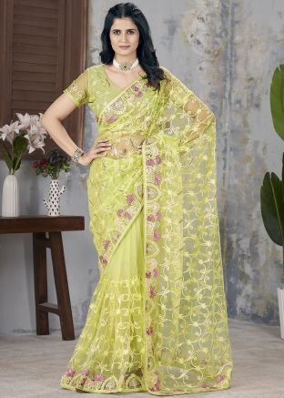 Light Green Embroidered Net Saree & Blouse