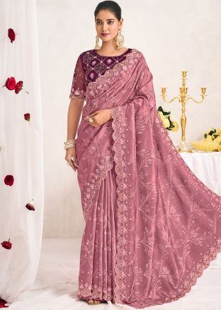 Mauve Pink Embroidered Silk Saree