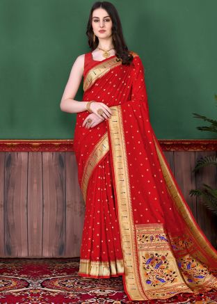 Red Paithani Silk Zari Woven Saree