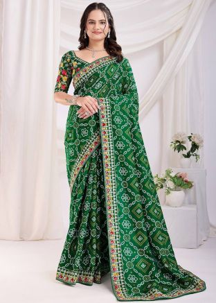 Green Bandhej Print Saree In Art Silk