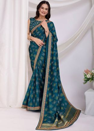 Teal Blue Bandhani Print Art Silk Saree