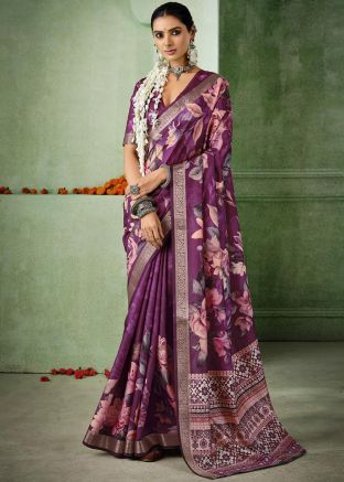 Purple Silk Saree In Floral Print