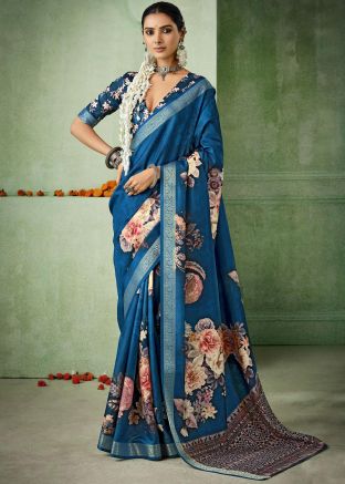 Blue Floral Print Silk Saree