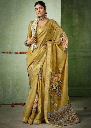 Yellow Floral Print Saree In Silk