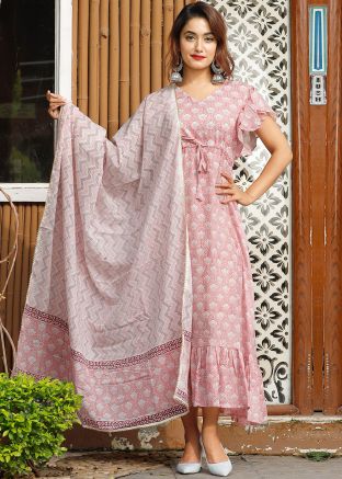 Pink Readymade Block Printed Kurti With Dupatta