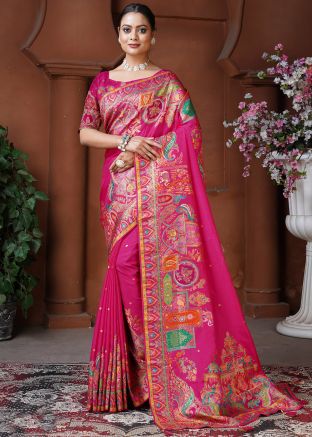 Pink Woven Work Saree In Dola Silk