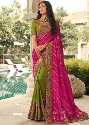 Pink & Green Embroidered Half N Half Saree