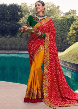 Yellow & Red Embroidered Half N Half Silk Saree