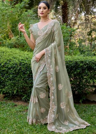 Sage Green Embroidered Net Saree