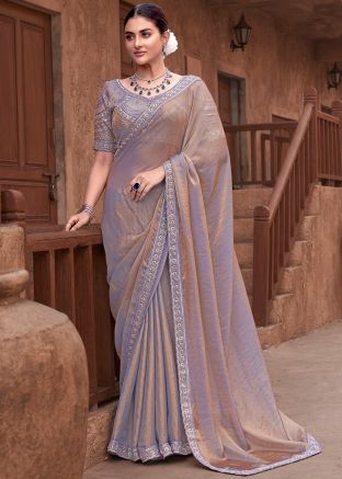 Beige Embroidered Saree In Satin