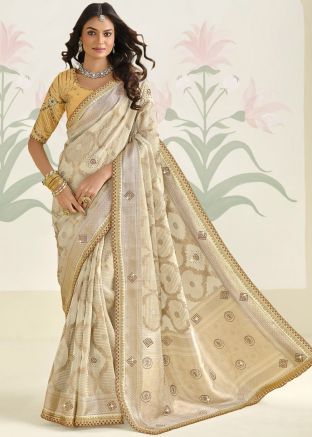 Beige Embroidered Saree In Silk
