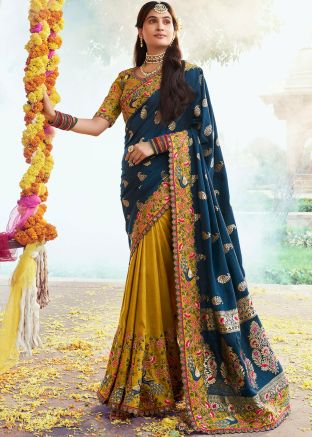 Lavender Half N Half Embroidered Silk Saree