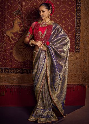 Blue Viscose Zari Woven Saree